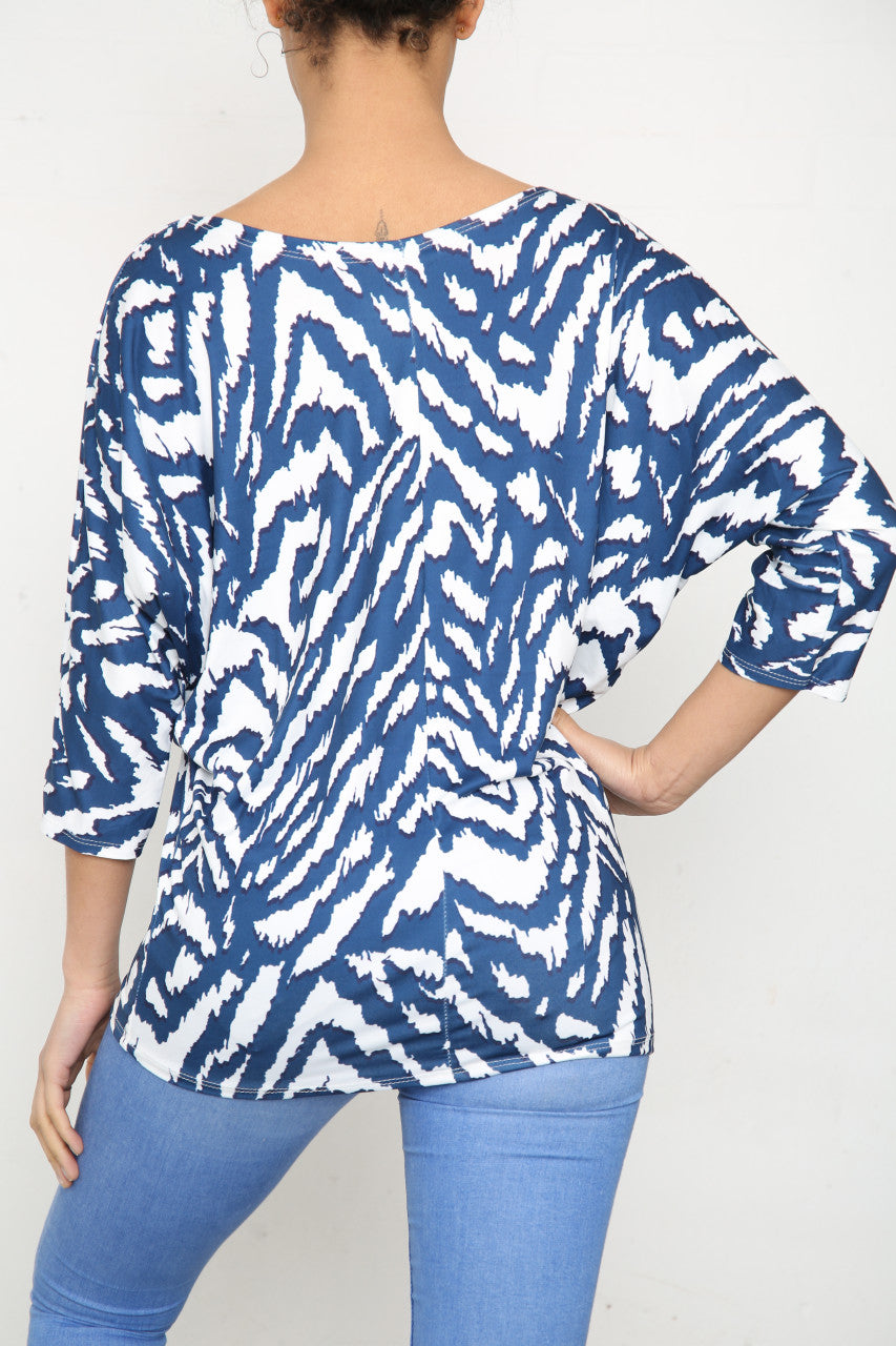 Ladies Animal Print Batwing Sleeve Top Navy