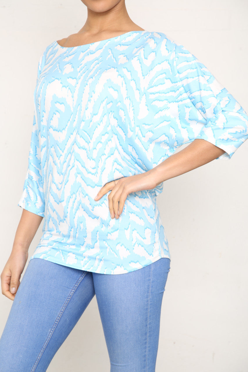 Ladies Animal Print Batwing Sleeve Top Sky Blue