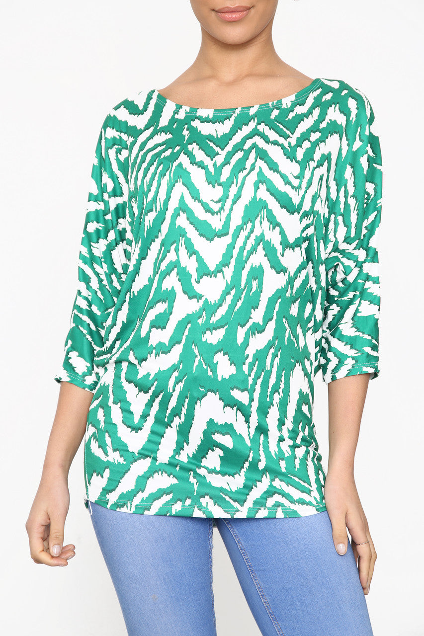Ladies Animal Print Batwing Sleeve Top Green