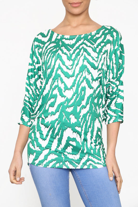 Ladies Animal Print Batwing Sleeve Top Green