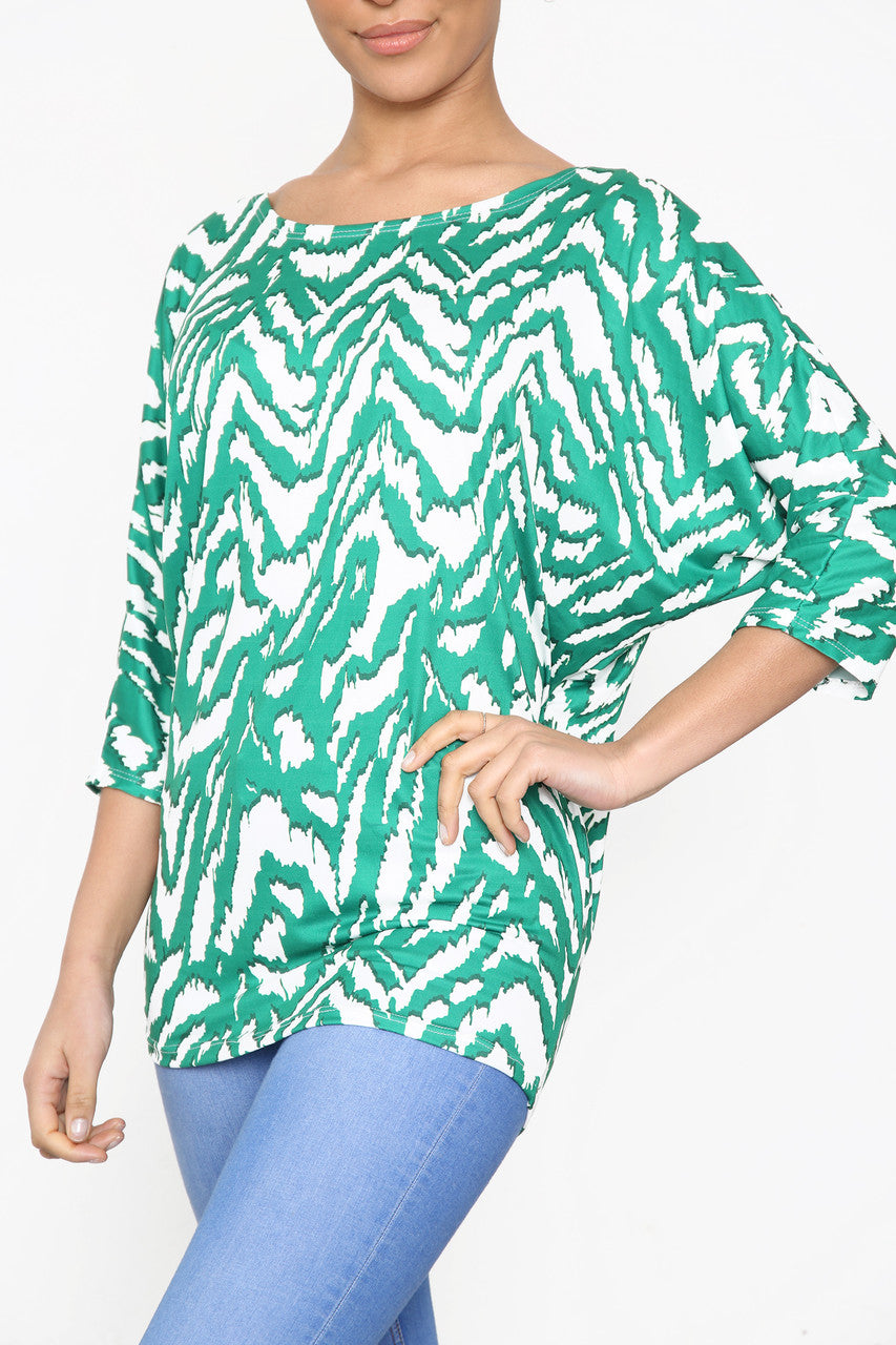 Ladies Animal Print Batwing Sleeve Top Green