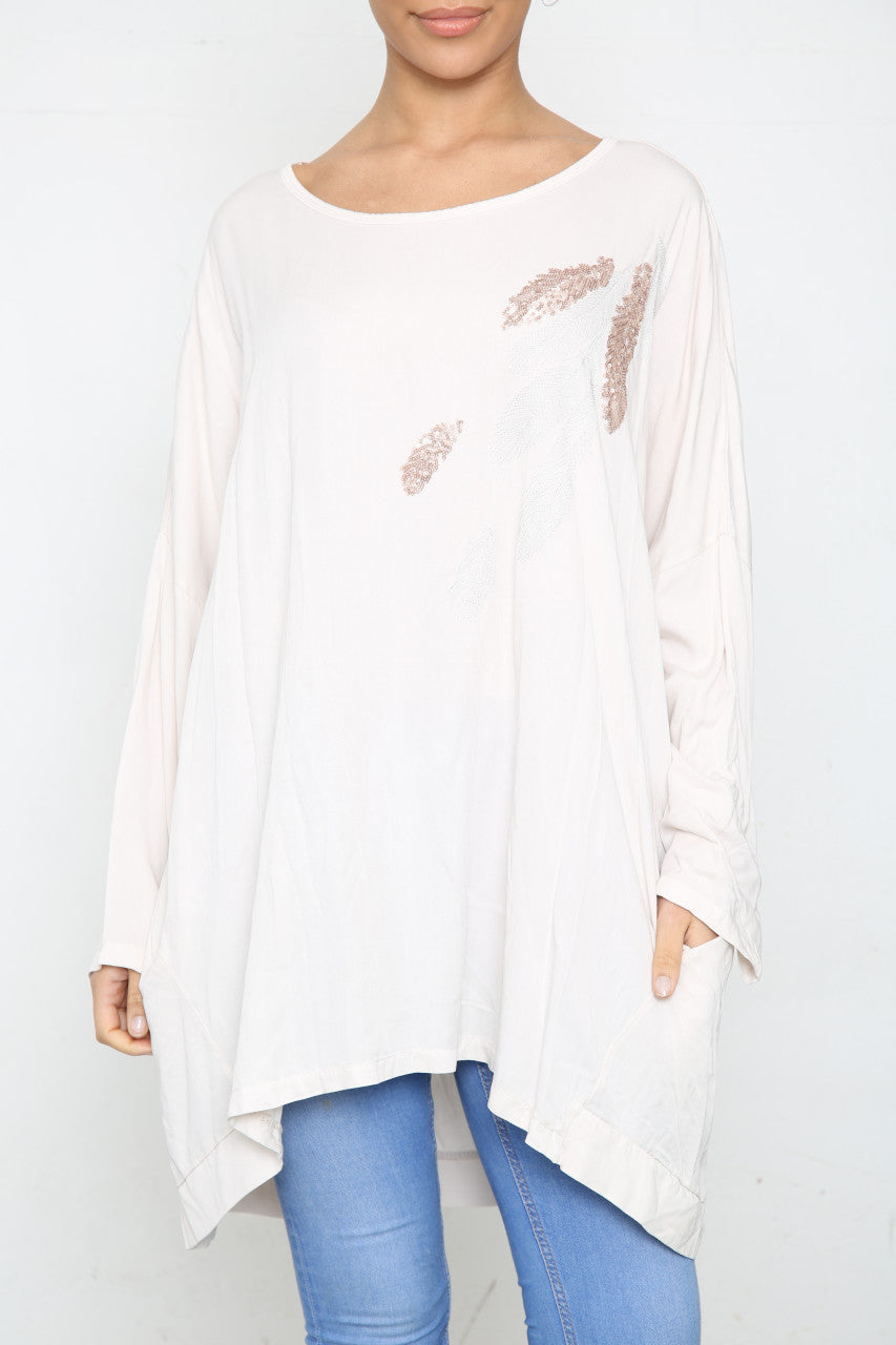 Ladies Sequin Feather Shoulder Detail Top Stone