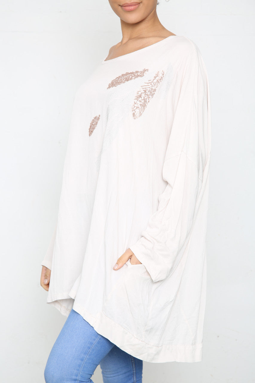Ladies Sequin Feather Shoulder Detail Top Stone