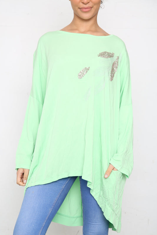 Dames Top Groen met Pailletten en Veren op de Schouder