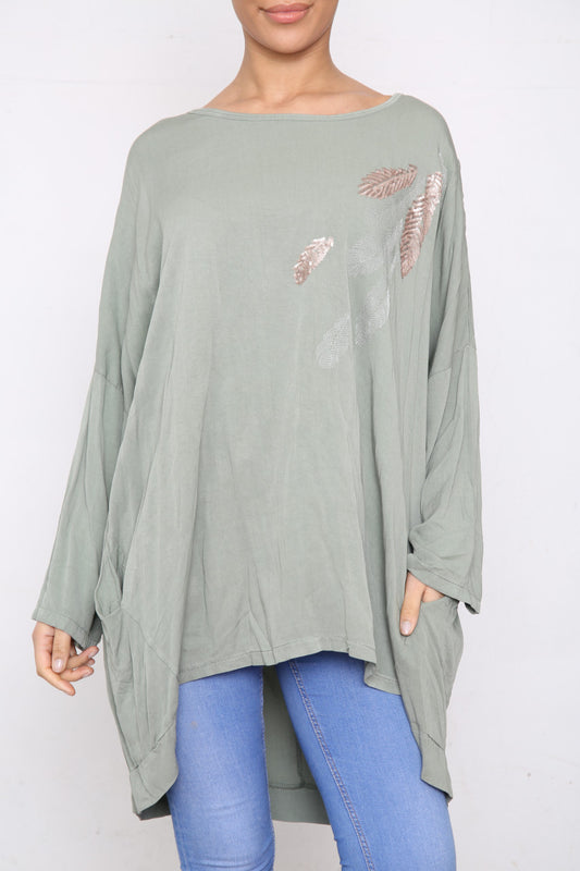 Dames Top met Pailletten en Veren Schouderdetail Khaki