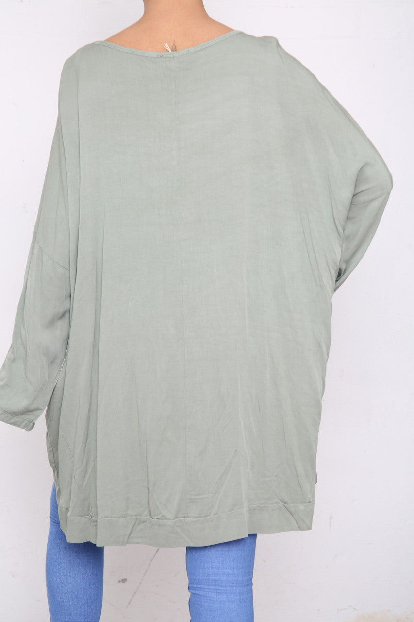 Dames Top met Pailletten en Veren Schouderdetail Khaki