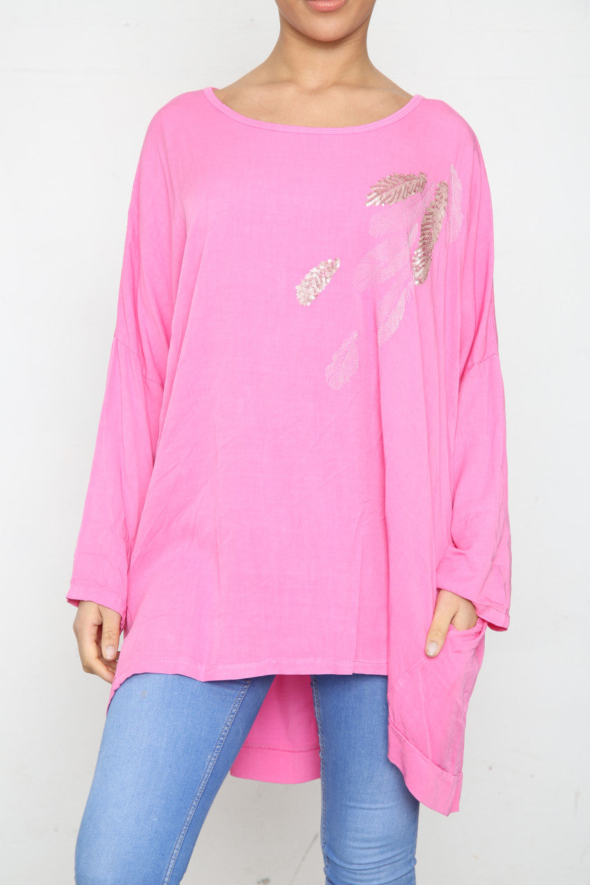 Ladies Sequin Feather Shoulder Detail Top Cerise
