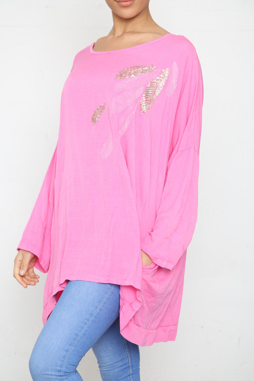 Ladies Sequin Feather Shoulder Detail Top Cerise