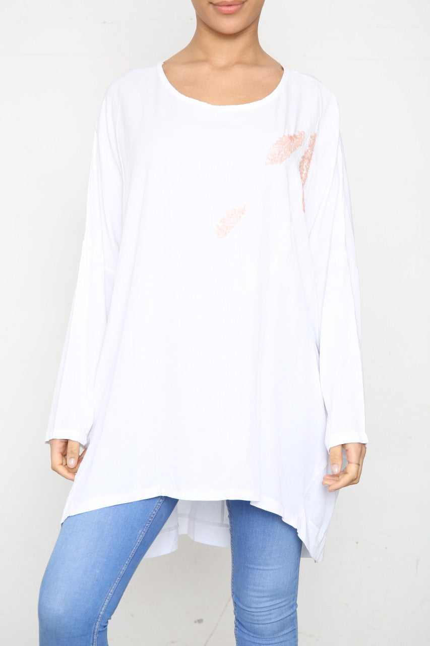 Ladies Sequin Feather Shoulder Detail Top White