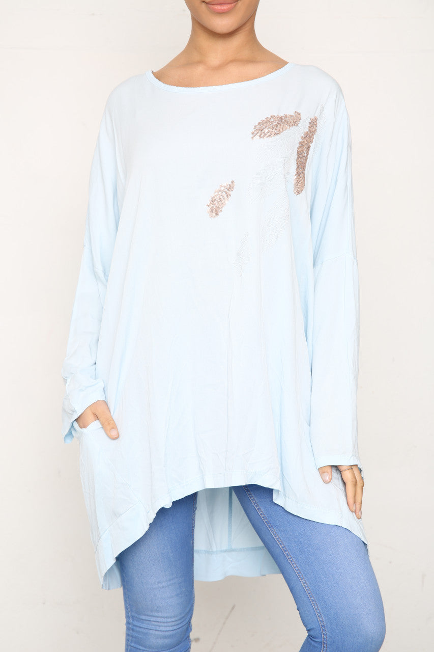 Ladies Sequin Feather Shoulder Detail Top Sky Blue