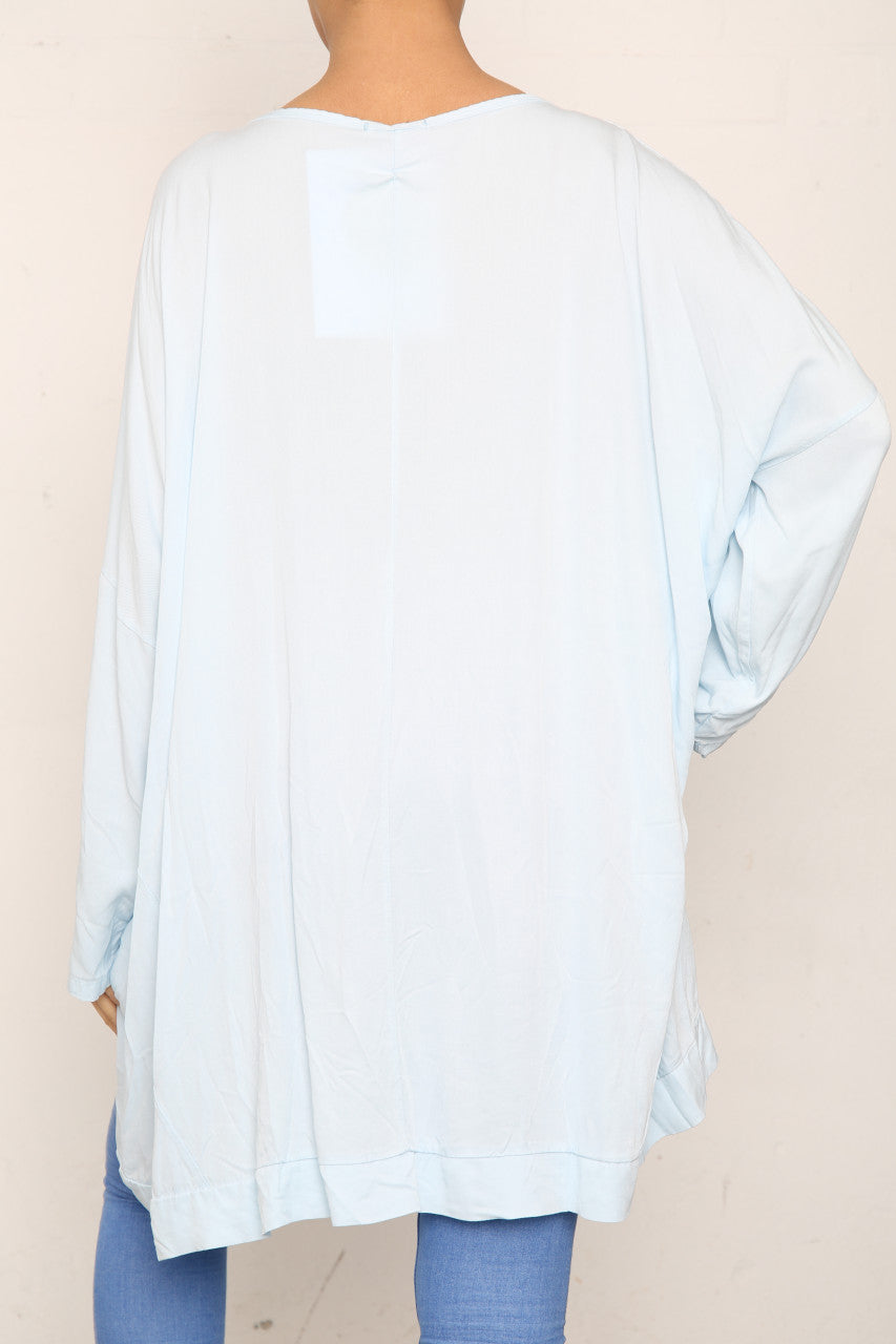 Ladies Sequin Feather Shoulder Detail Top Sky Blue