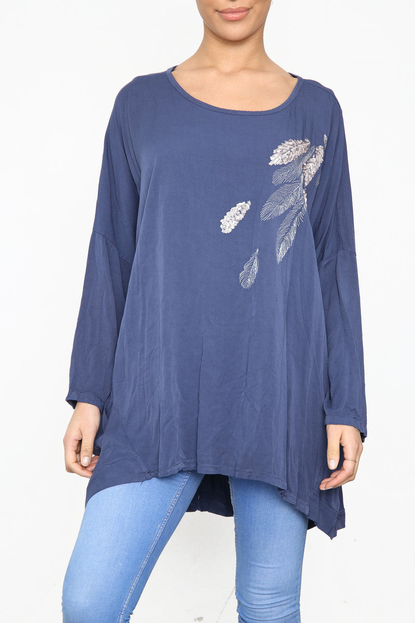 Ladies Sequin Feather Shoulder Detail Top Navy