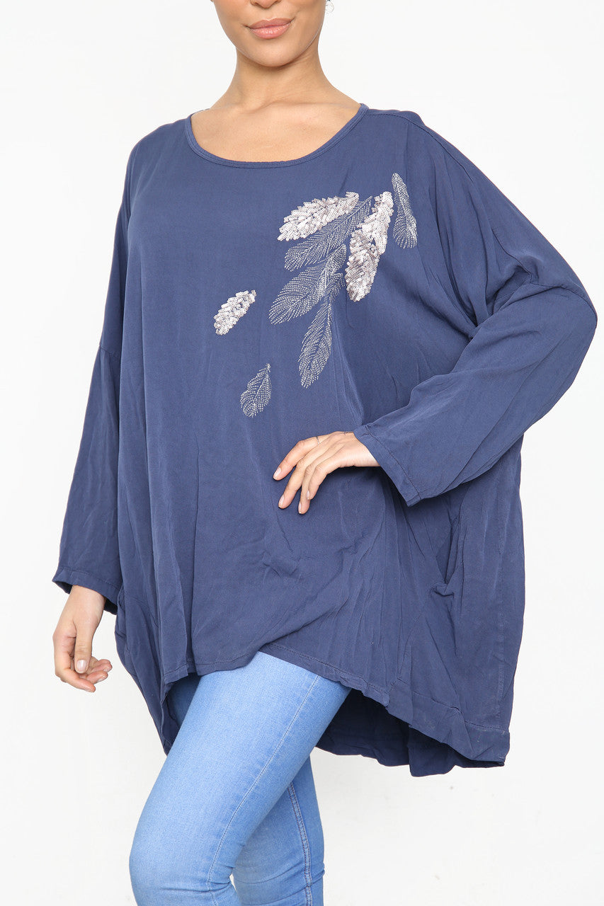 Ladies Sequin Feather Shoulder Detail Top Navy