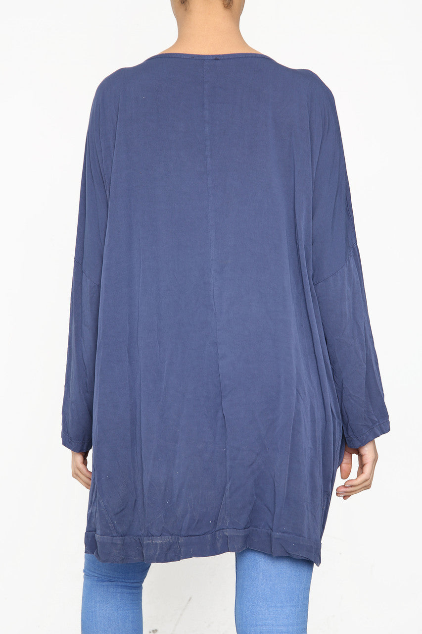 Ladies Sequin Feather Shoulder Detail Top Navy