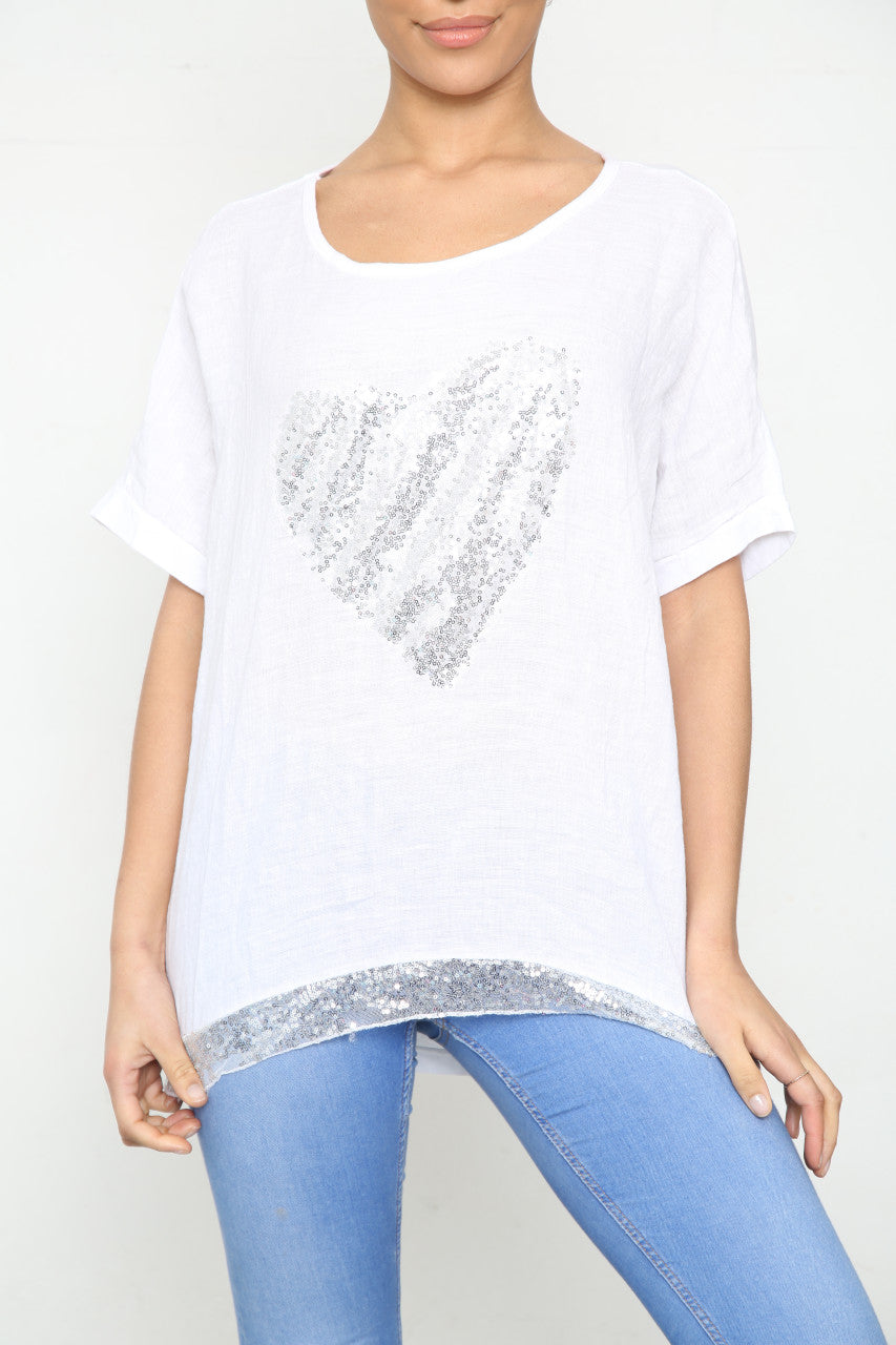 Ladies Sequin Heart & Border Top White