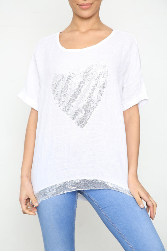 Ladies Sequin Heart & Border Top White