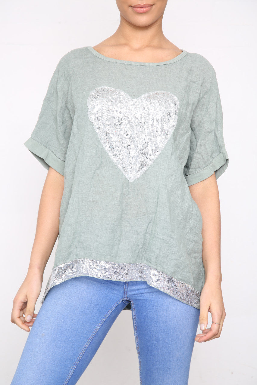 Ladies Sequin Heart & Border Top Khaki