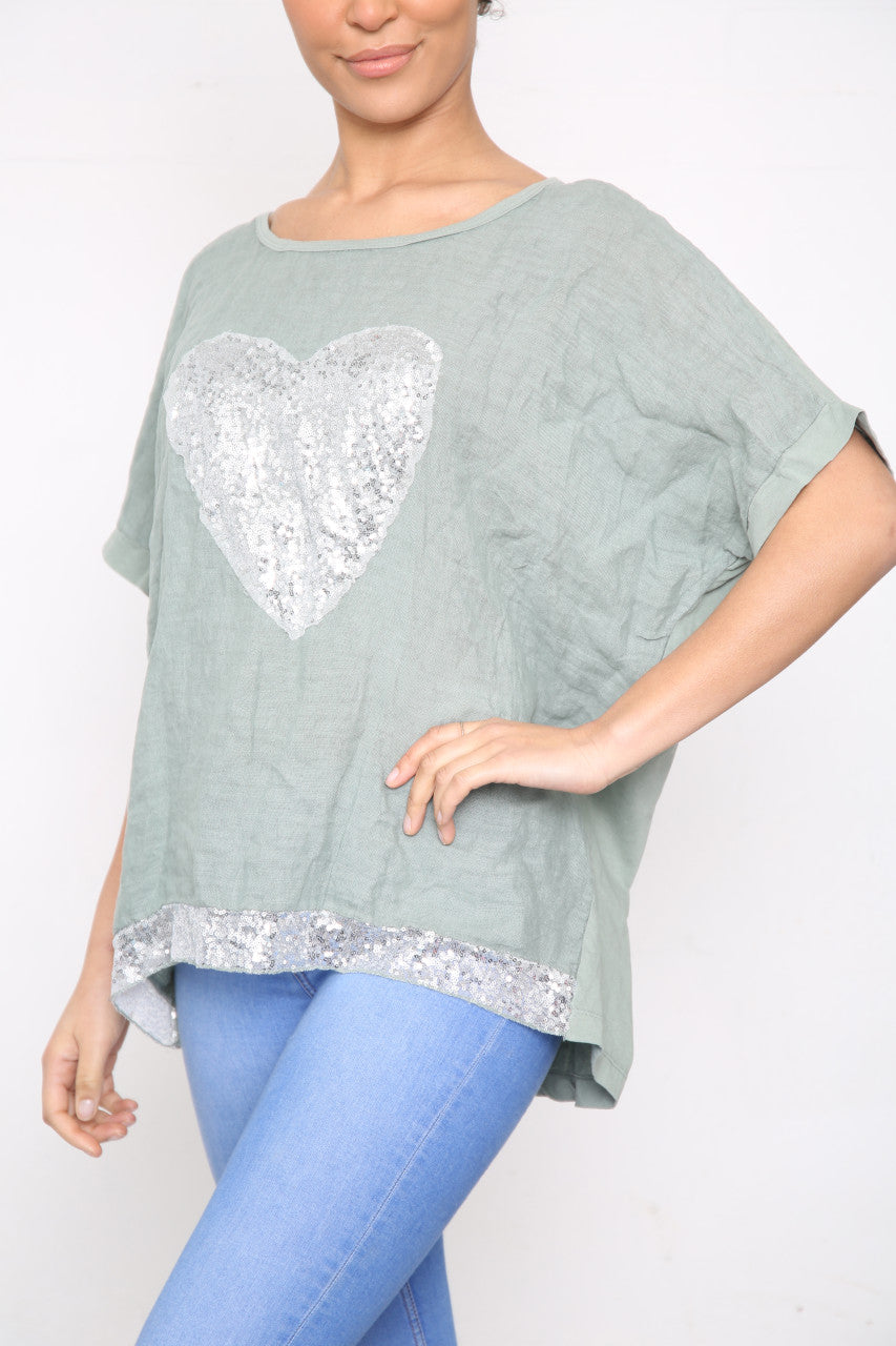 Ladies Sequin Heart & Border Top Khaki
