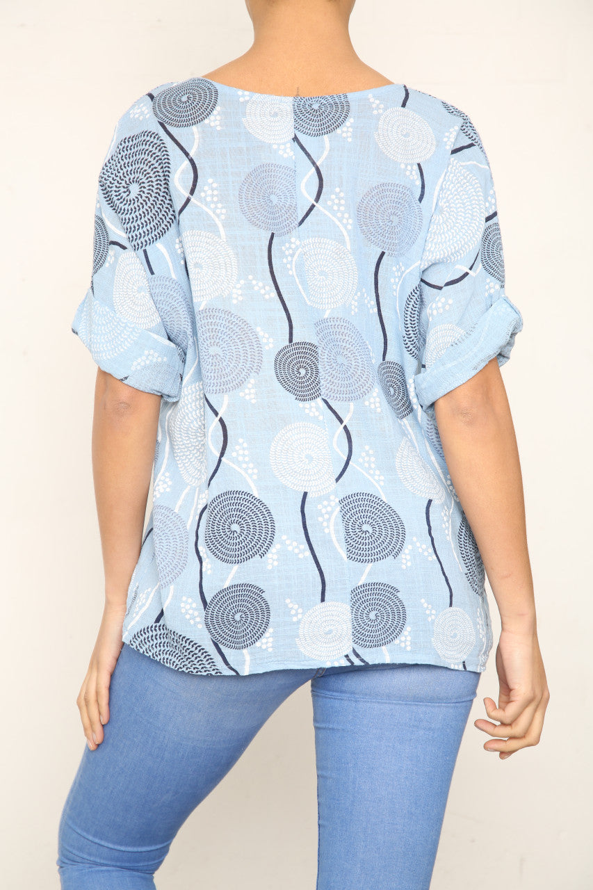 Ladies Circle Swirl & Dot Print Top Light Blue