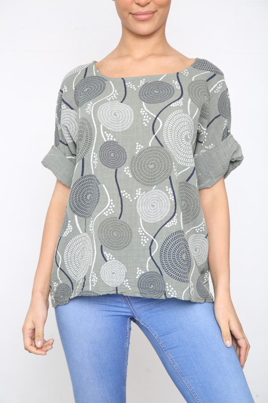Ladies Circle Swirl & Dot Print Top Khaki