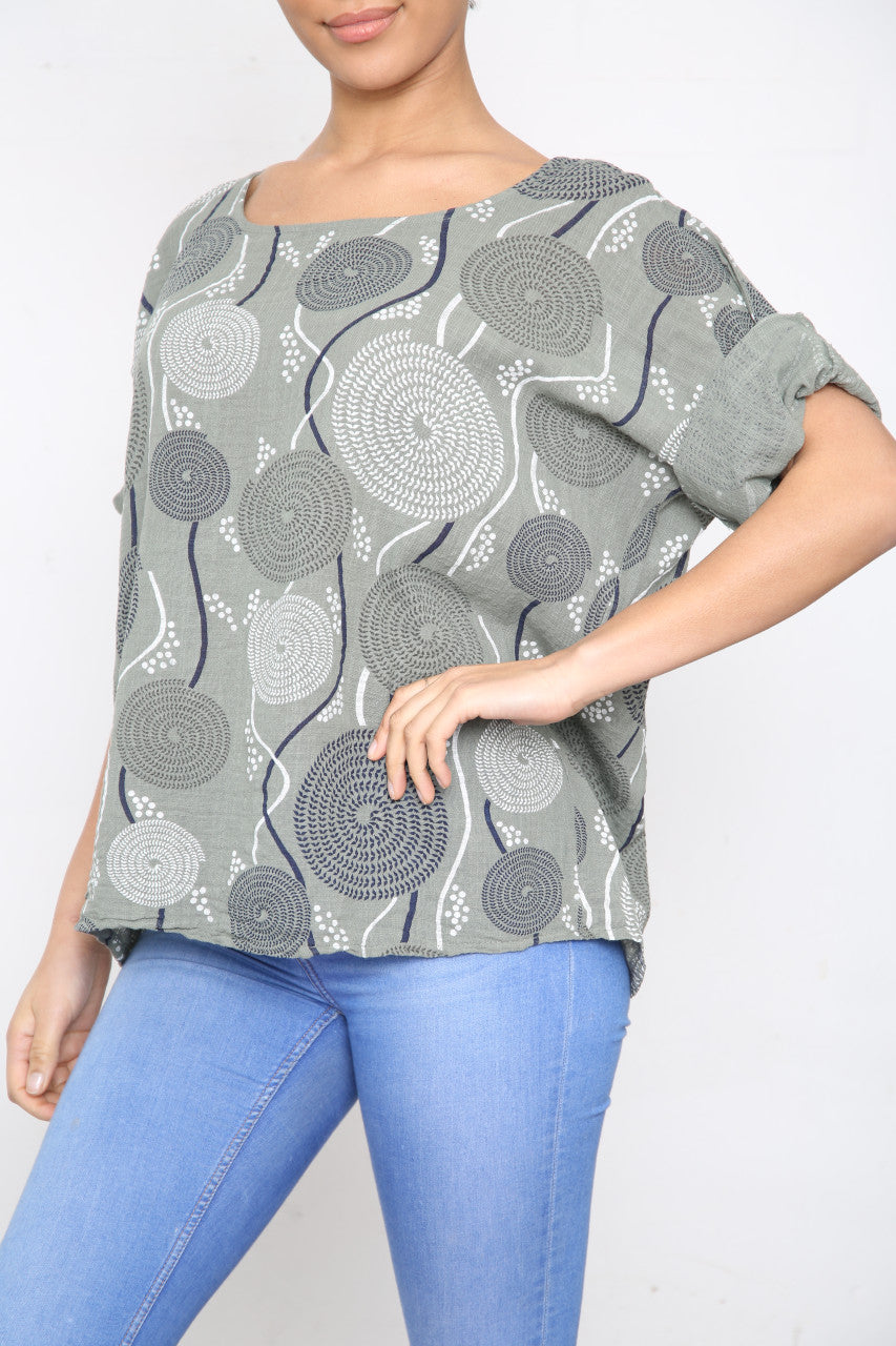 Ladies Circle Swirl & Dot Print Top Khaki