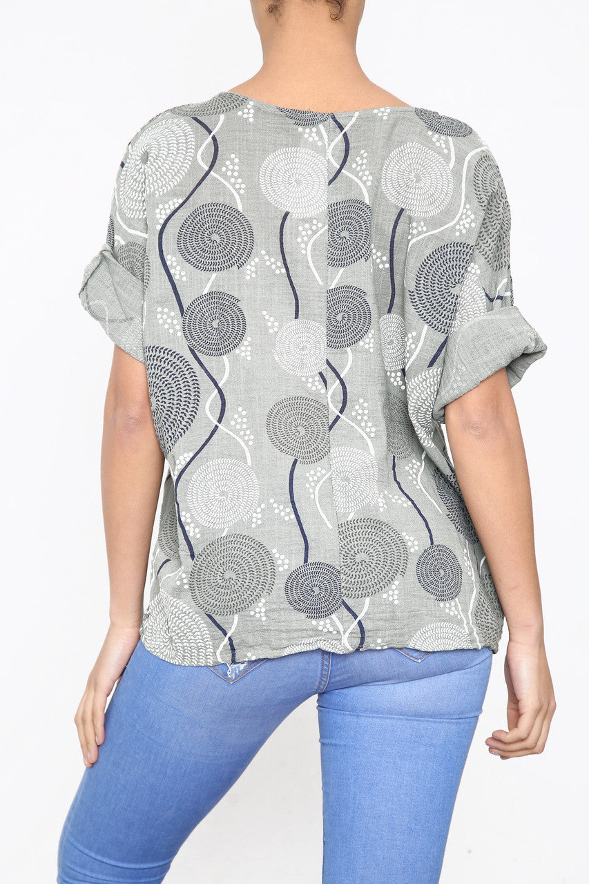 Ladies Circle Swirl & Dot Print Top Khaki