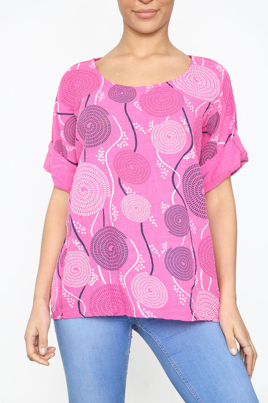 Ladies Circle Swirl & Dot Print Top Cerise