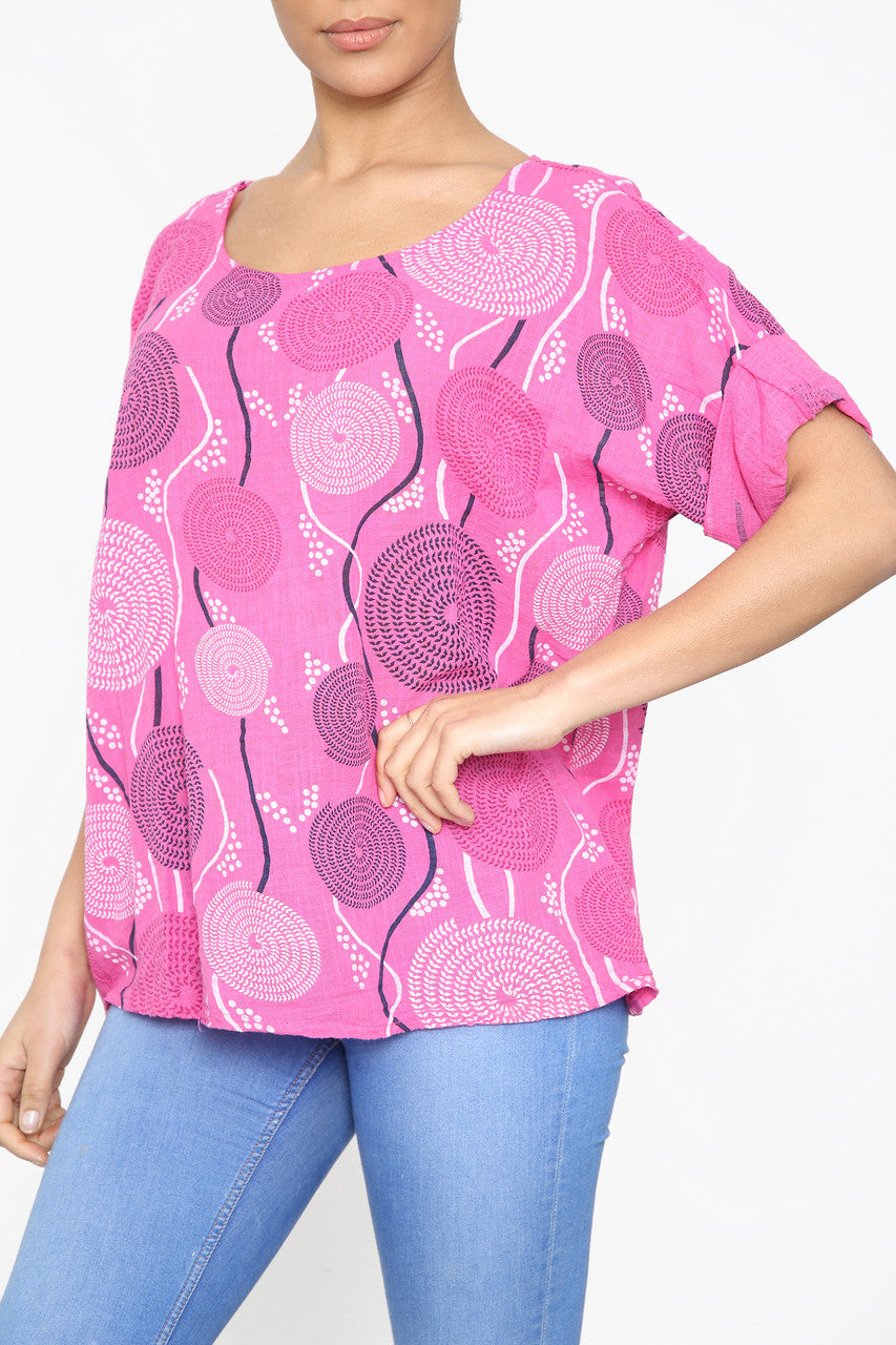 Ladies Circle Swirl & Dot Print Top Cerise