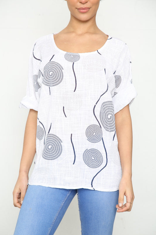 Ladies Circle Swirl & Dot Print Top White