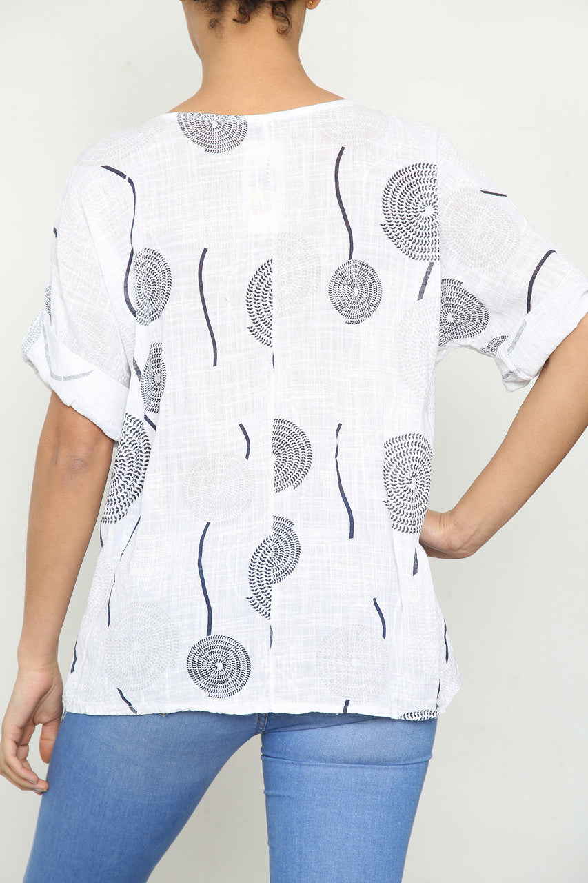 Ladies Circle Swirl & Dot Print Top White