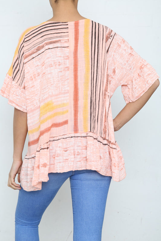 Ladies Colourful Stripes Floaty Top Coral