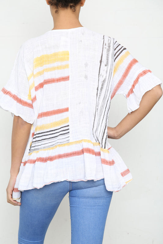 Ladies Colourful Stripes Floaty Top White