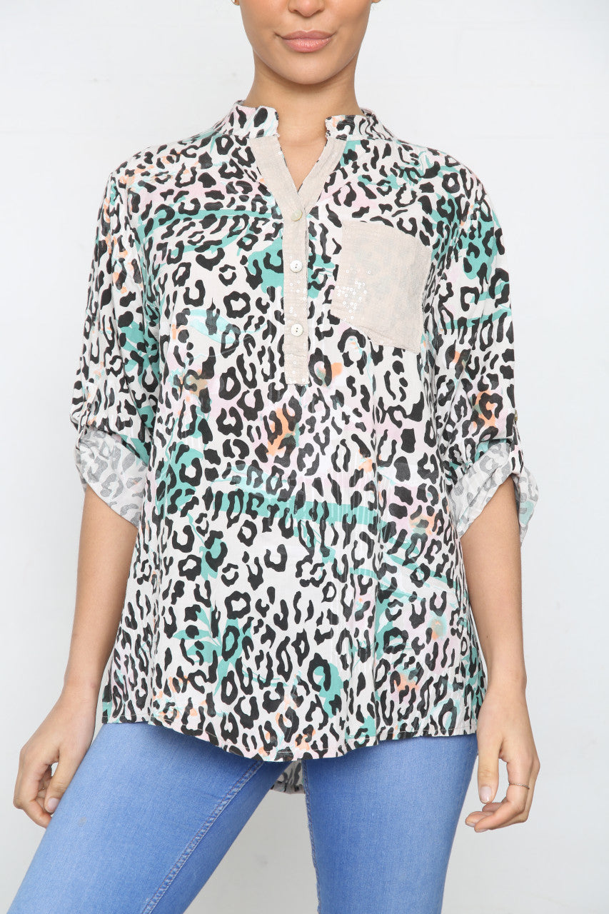 Ladies Leopard Print Grandad Collar Shirt Top Stone