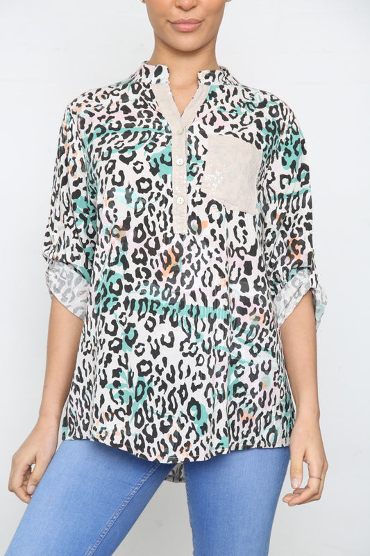 Ladies Leopard Print Grandad Collar Shirt Top Stone