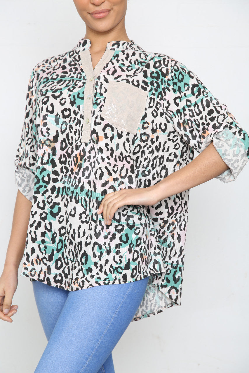 Ladies Leopard Print Grandad Collar Shirt Top Stone