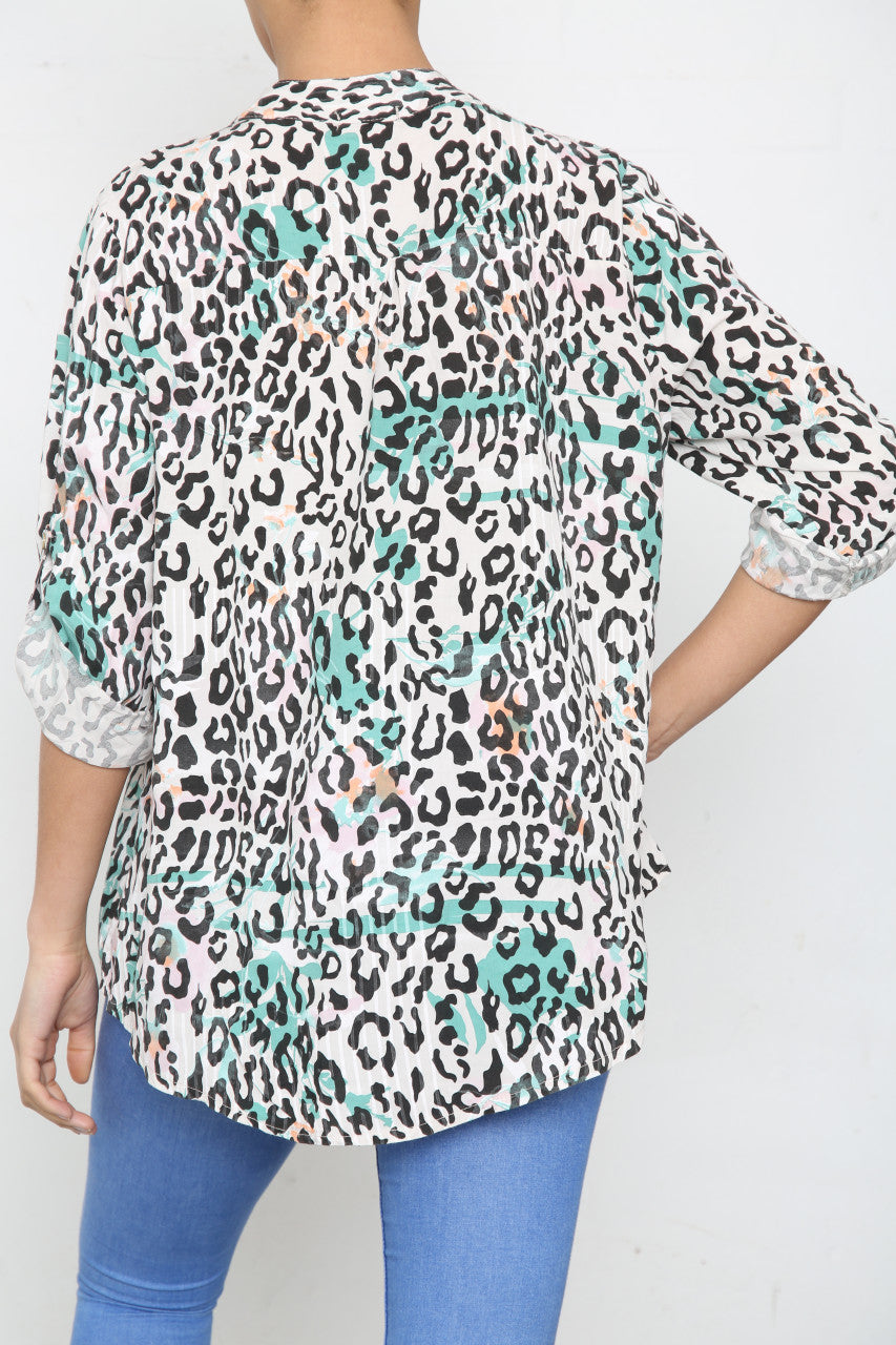 Ladies Leopard Print Grandad Collar Shirt Top Stone