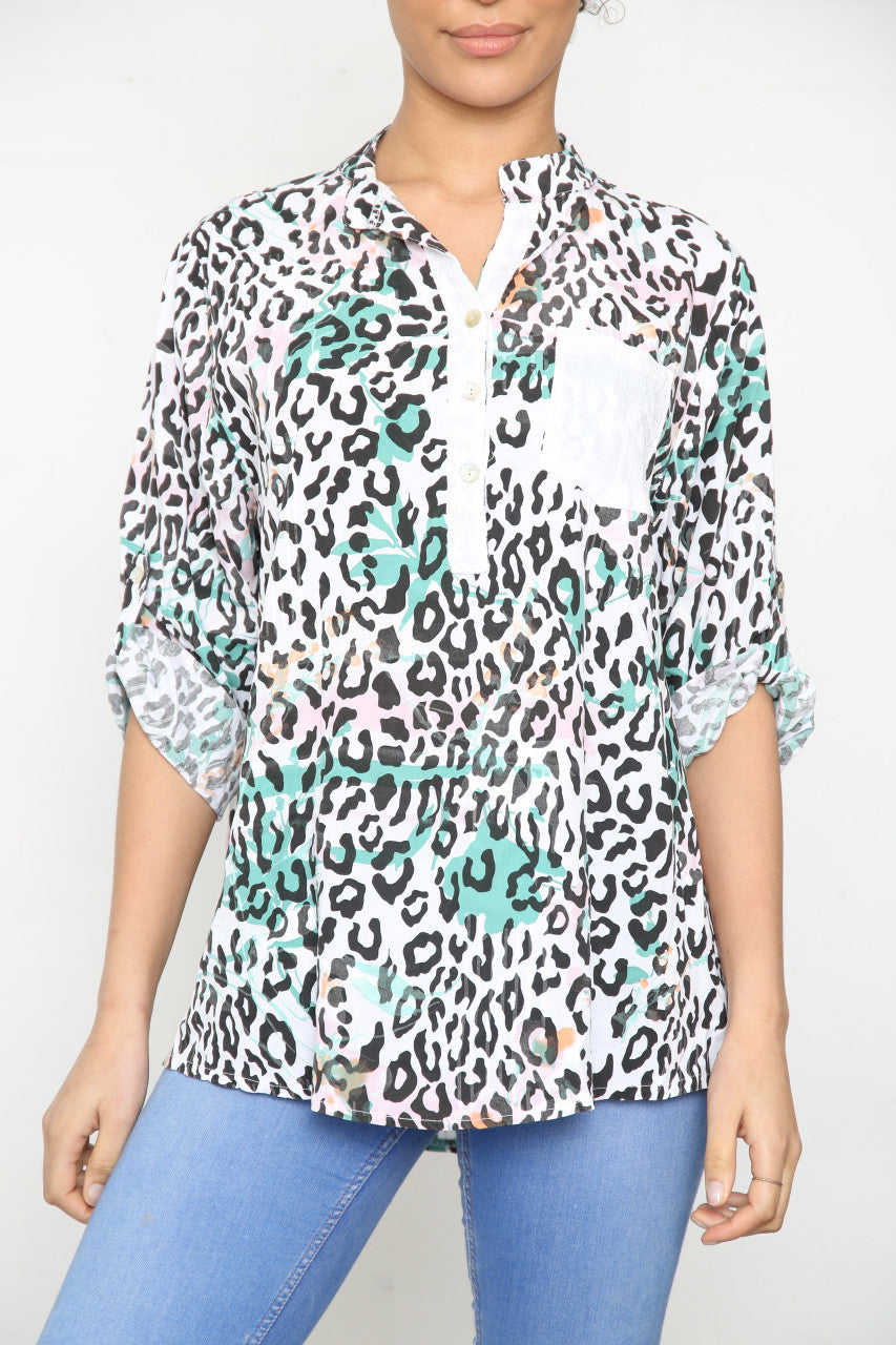 Ladies Leopard Print Grandad Collar Shirt Top White