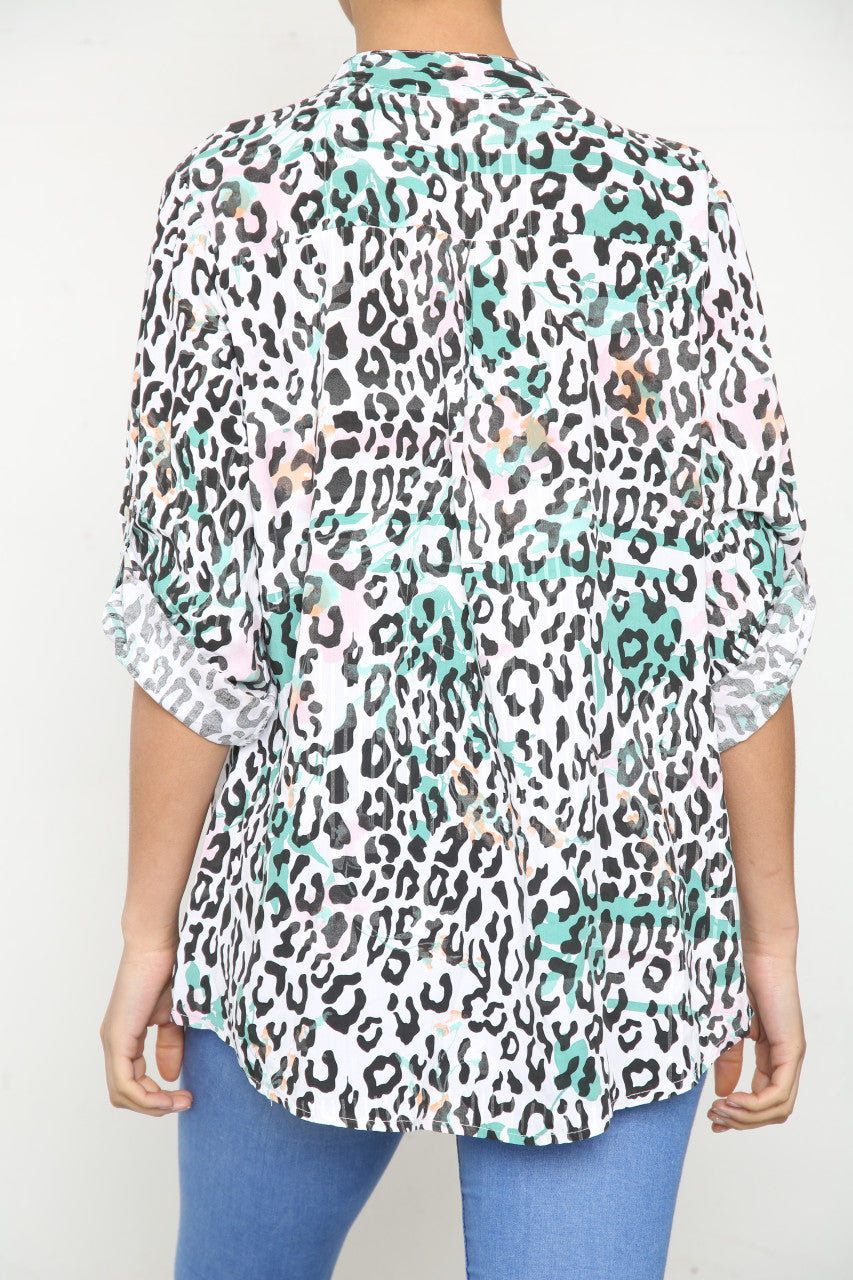 Ladies Leopard Print Grandad Collar Shirt Top White