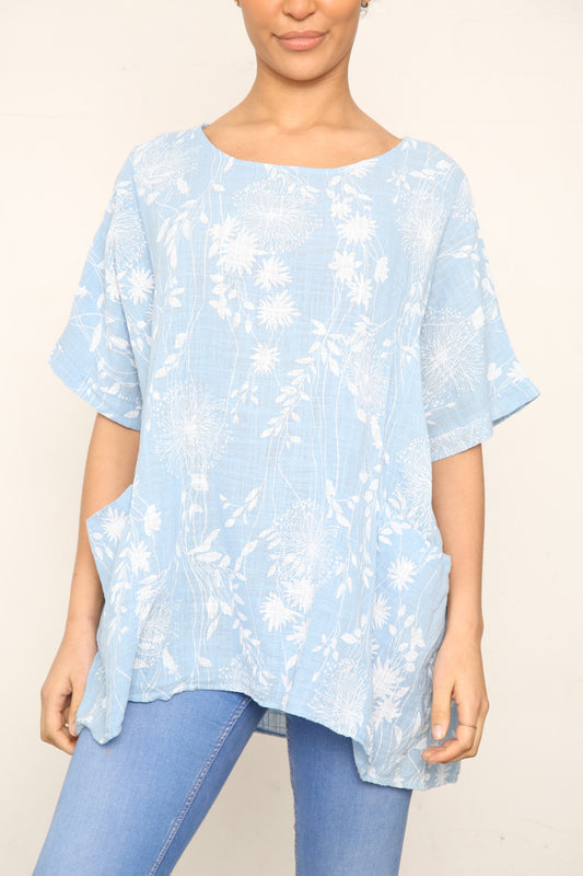 Ladies Dandelion & Leaf Print Pocket Top Sky Blue