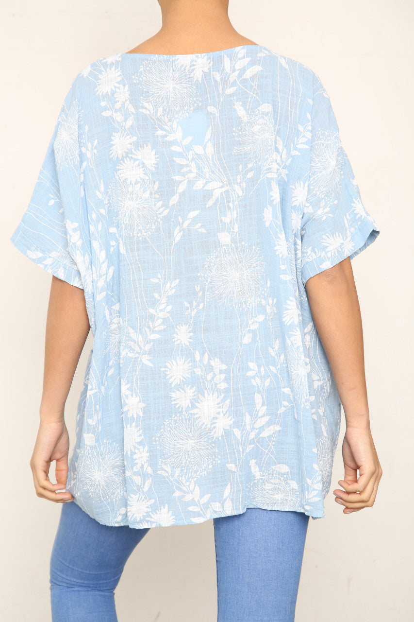 Ladies Dandelion & Leaf Print Pocket Top Sky Blue