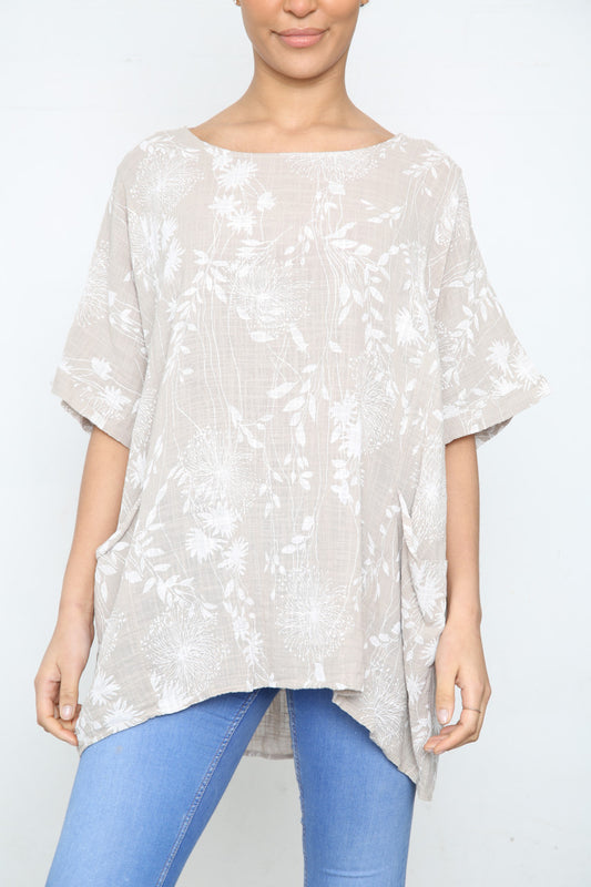 Ladies Dandelion & Leaf Print Pocket Top Stone
