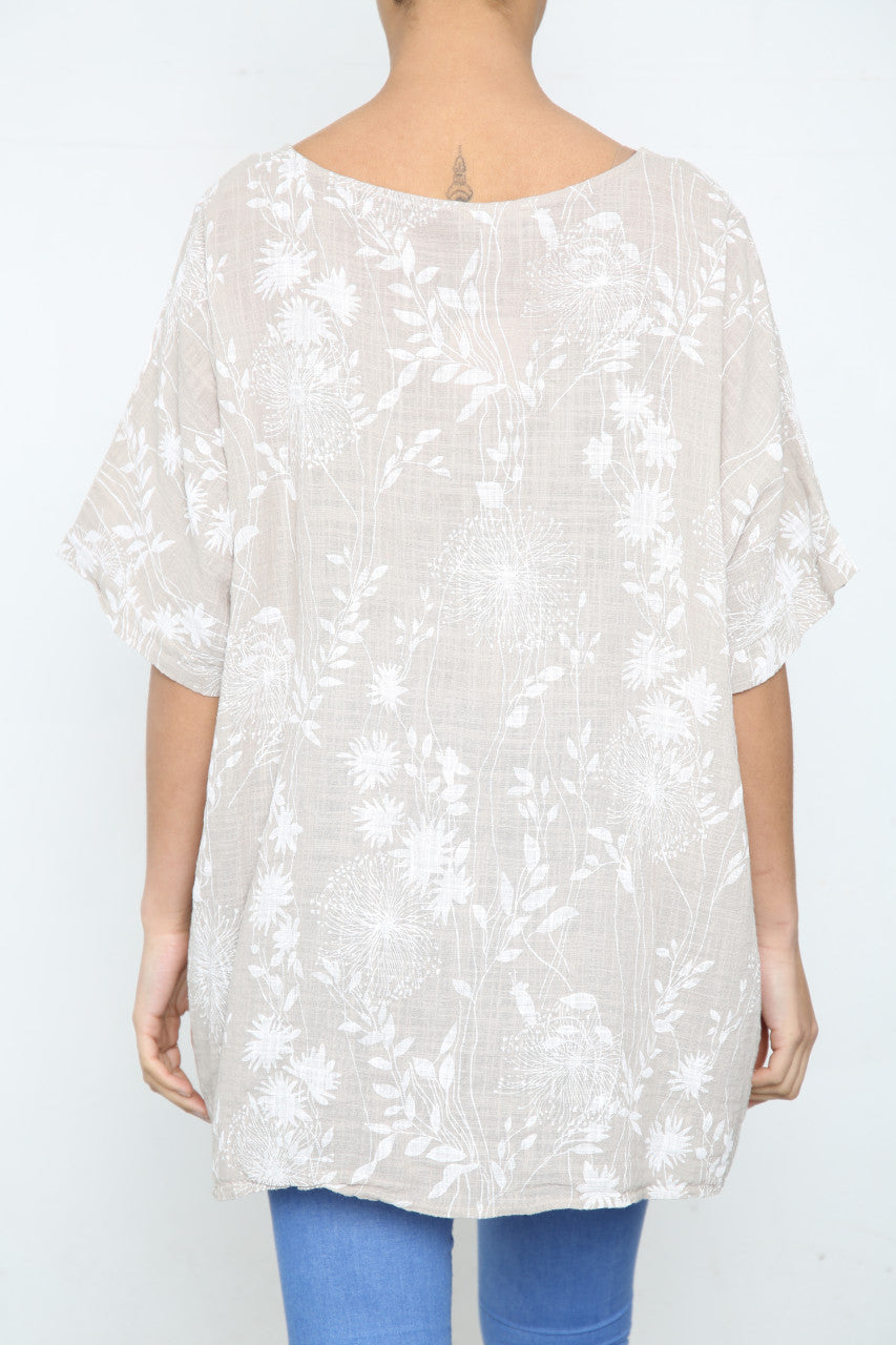 Dames Top met Paardenbloem- & Bladprint en Zak Steen