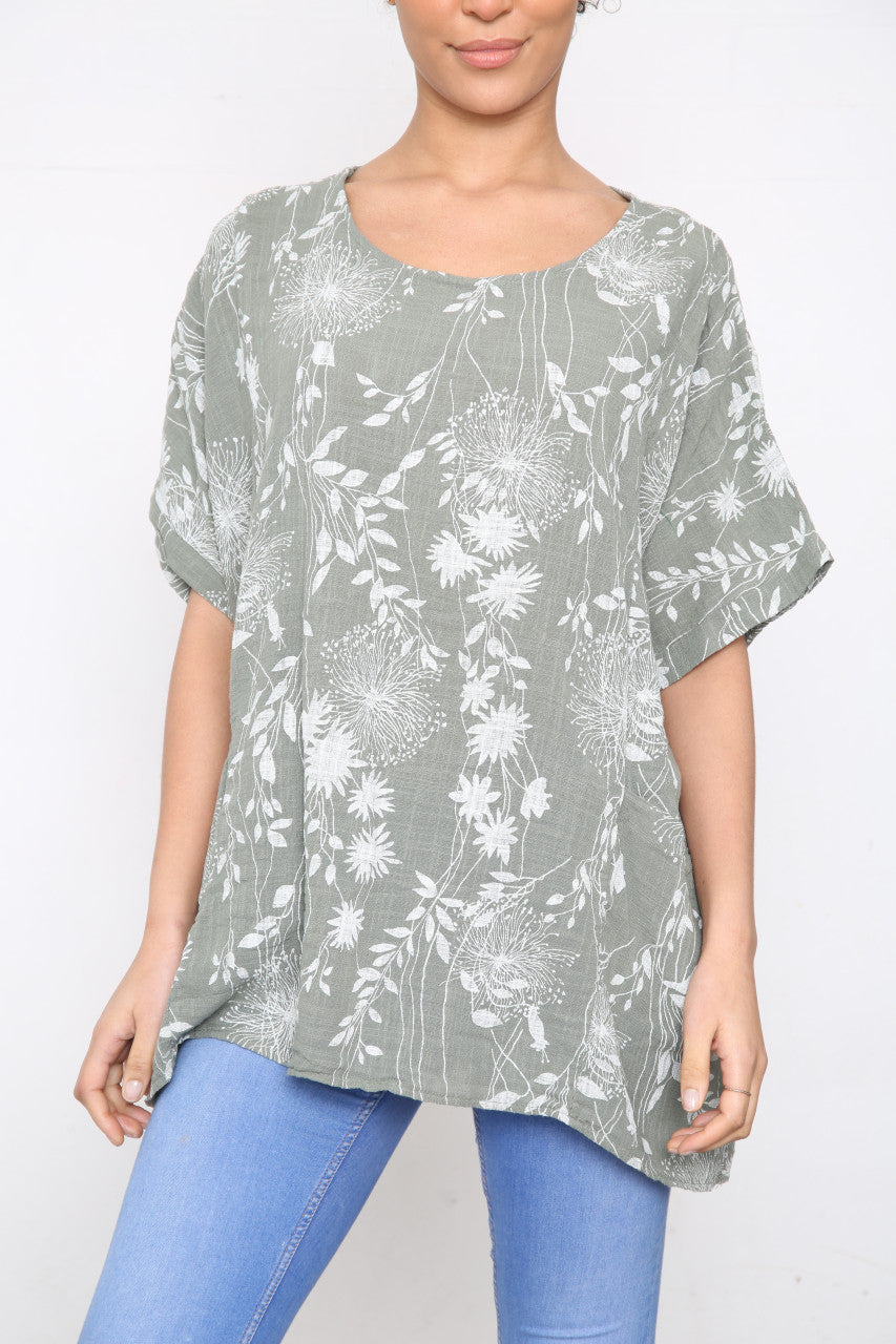Ladies Dandelion & Leaf Print Pocket Top Khaki