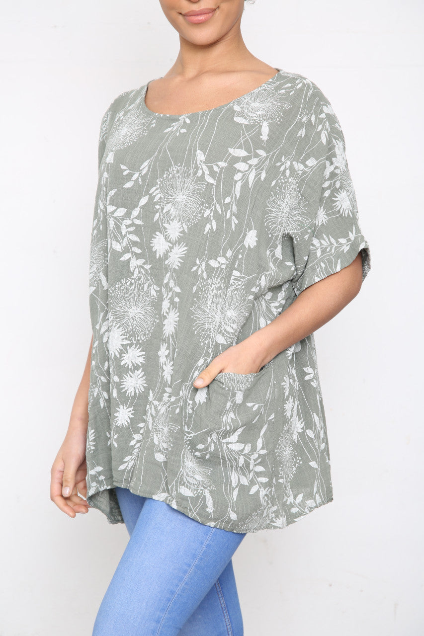 Ladies Dandelion & Leaf Print Pocket Top Khaki