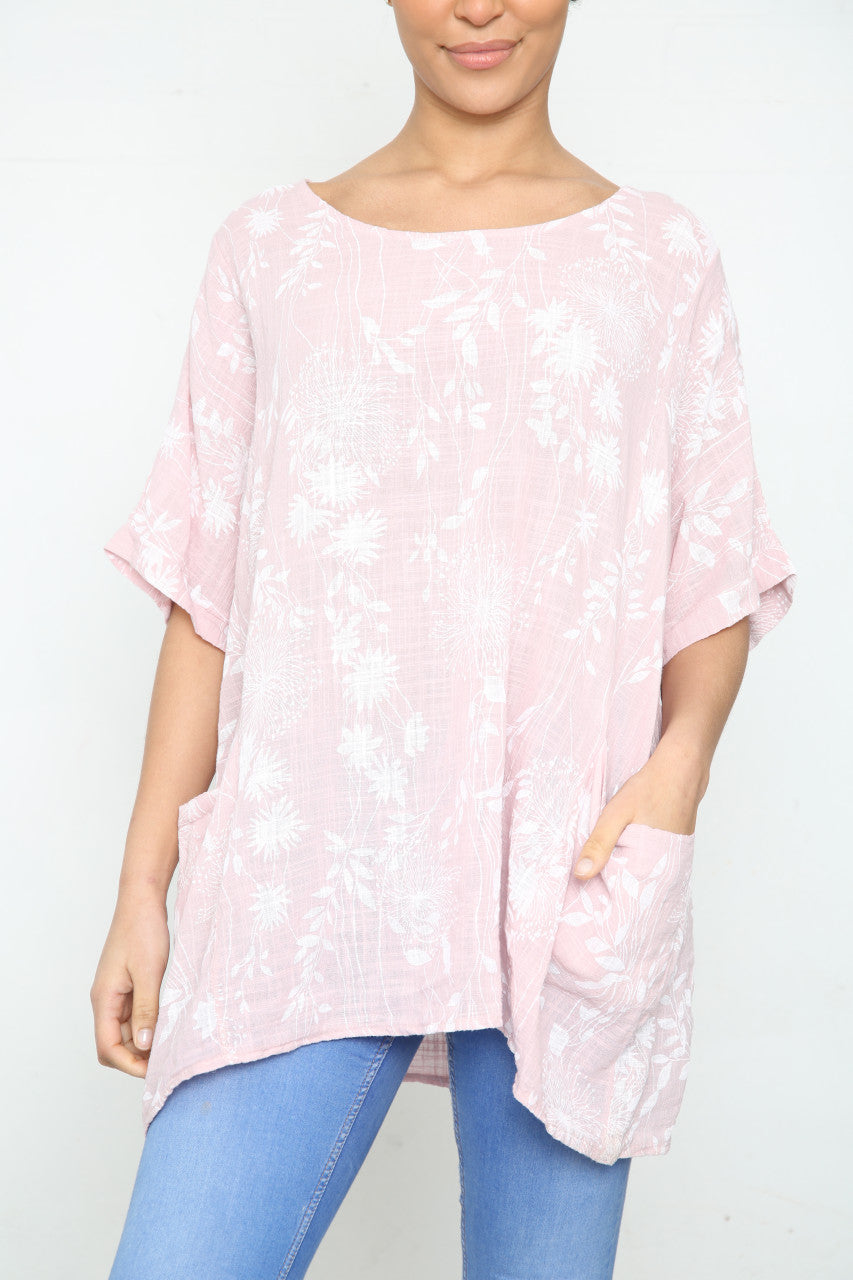 Ladies Dandelion & Leaf Print Pocket Top Dusty Pink