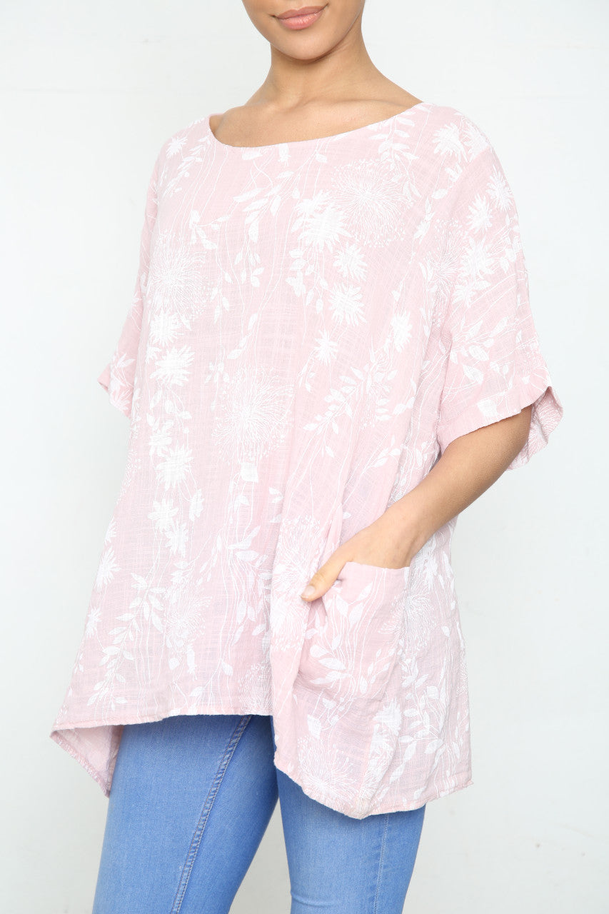 Ladies Dandelion & Leaf Print Pocket Top Dusty Pink