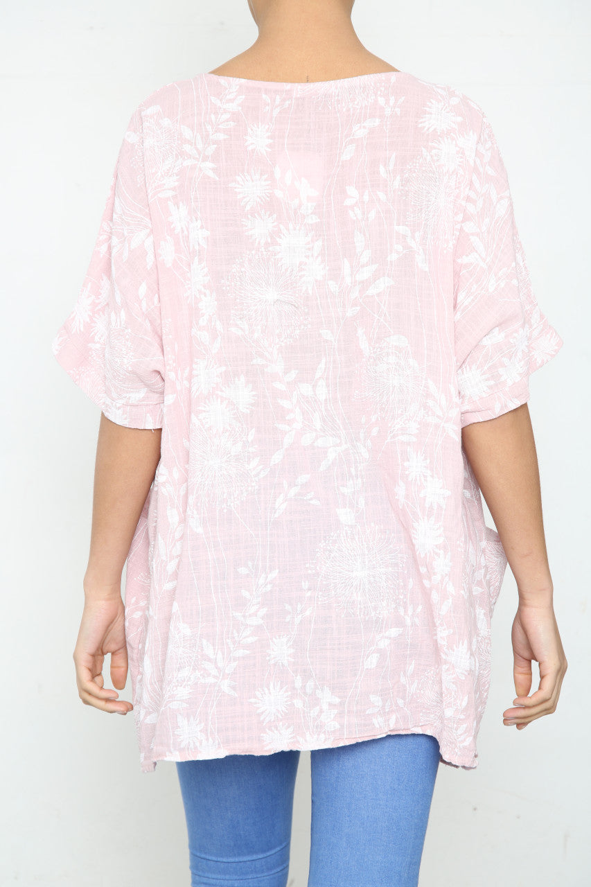 Ladies Dandelion & Leaf Print Pocket Top Dusty Pink