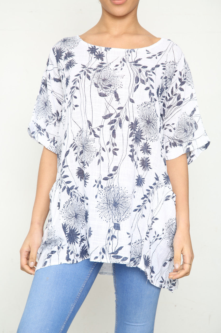 Ladies Dandelion & Leaf Print Pocket Top White