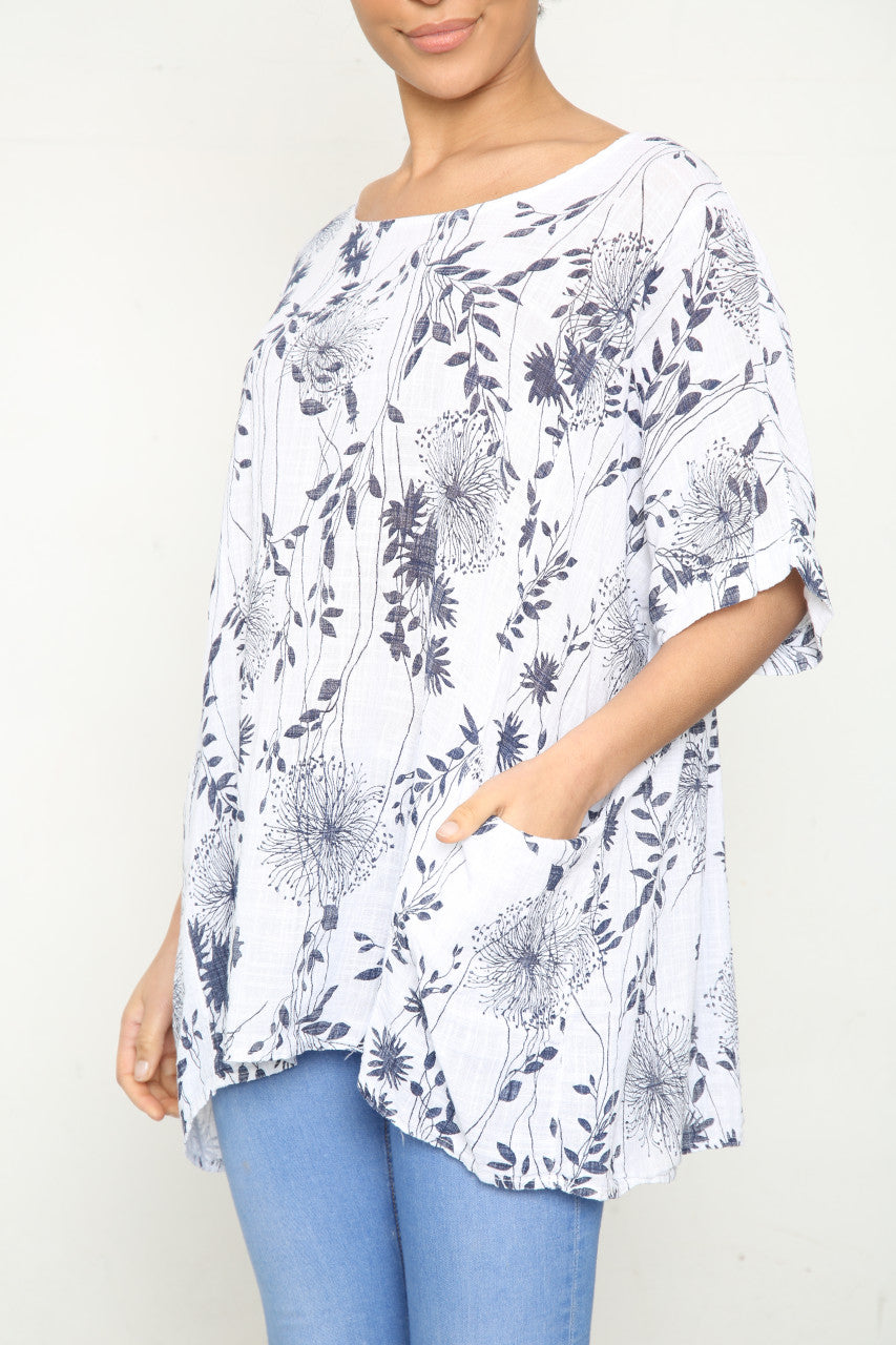 Ladies Dandelion & Leaf Print Pocket Top White