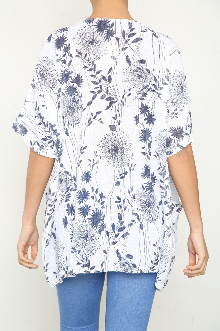 Ladies Dandelion & Leaf Print Pocket Top White